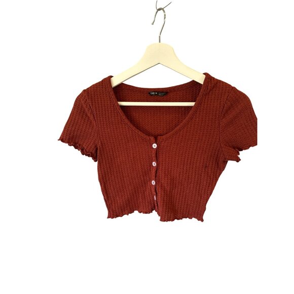 Shein Ribbed Knit Cropped Top XS Rust Red Button Up Lettuce Hem Casual Holidays - Picture 3 of 6